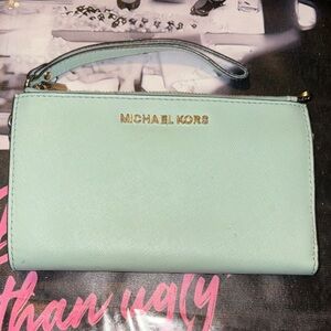 Michael Kors Mint Green Leather Wristlet Clutch with Gold Logo